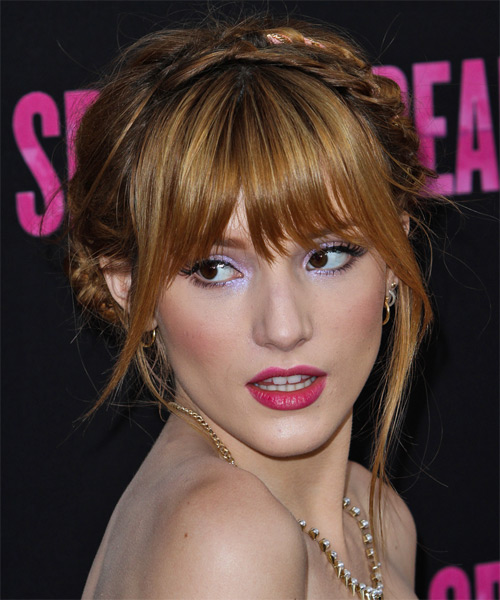 Bella Thorne  Long Straight   Light Copper Red  Updo  with Layered Bangs  and  Blonde Highlights - Side on View