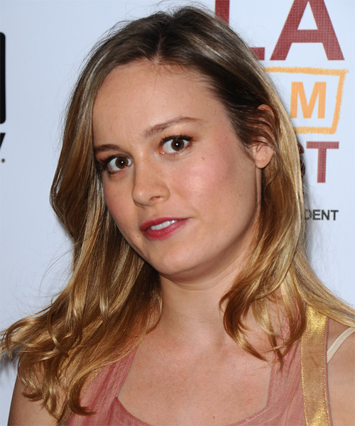 Brie Larson Long Straight   Dark Blonde   Hairstyle   with Light Blonde Highlights - side on view