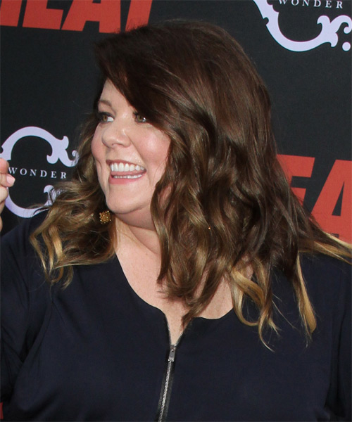 Melissa McCarthy Long Wavy    Brunette     with Dark Blonde Highlights - side on view
