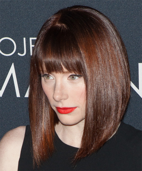 Bryce Dallas Howard Medium Straight    Mocha Brunette Bob  with Blunt Cut Bangs - side on view