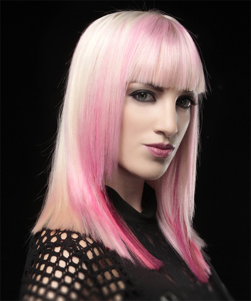 Long Straight Pink Hairstyle with Blunt Cut Bangs