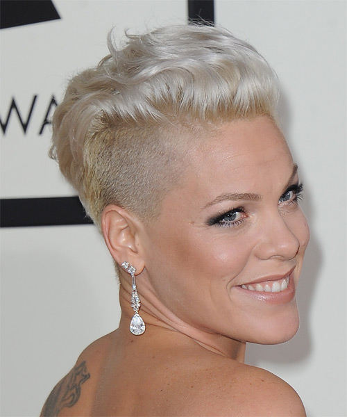 Pink Short Straight   Light Platinum Blonde Undercut  Hairstyle - side on view