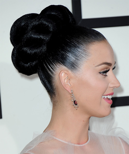 Katy Perry  Long Straight   Black   Updo    - Side on View