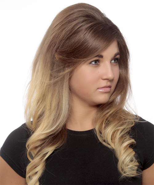  Long Curly    Chestnut Brunette and Light Blonde Two-Tone   Hairstyle with Side Swept Bangs  - Side on View