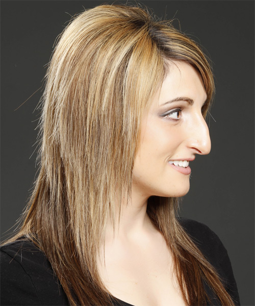 Long Light Golden Brunette Straight Hairstyle With Side Swept Bangs And Dark Blonde Highlights - side on view