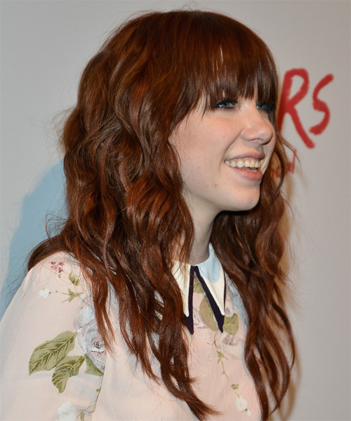 Carly Rae Jepsen  Long Wavy    Auburn Red   with Layered Bangs - side on view