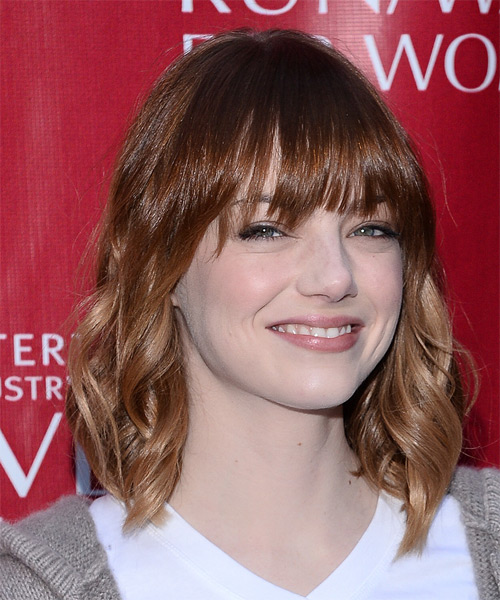 Emma Stone Medium Wavy    Mahogany Brunette and Light Brunette Two-Tone   Hairstyle with Layered Bangs - side on view