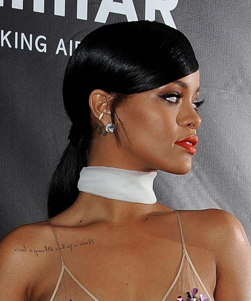 Rihanna Long Black Glossy Updo With Side Swept Bangs - side view