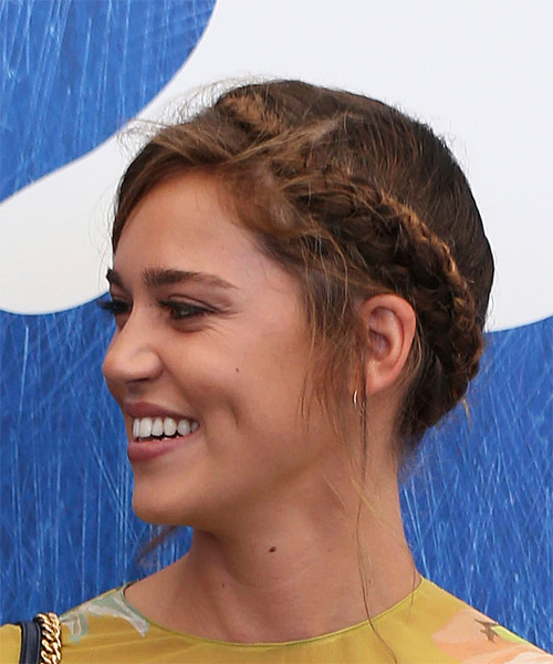 Matilda Lutz Long Straight    Brunette Braided Updo  with Side Swept Bangs  - Side View
