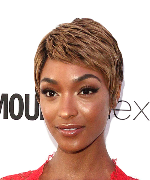 Jourdan Dunn Light Brunette Pixie  with Layered Bangs - side view