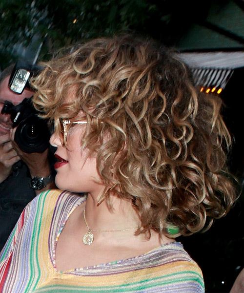 Rita Ora Medium Curly   Light Brunette Shag  with Layered Bangs - side view