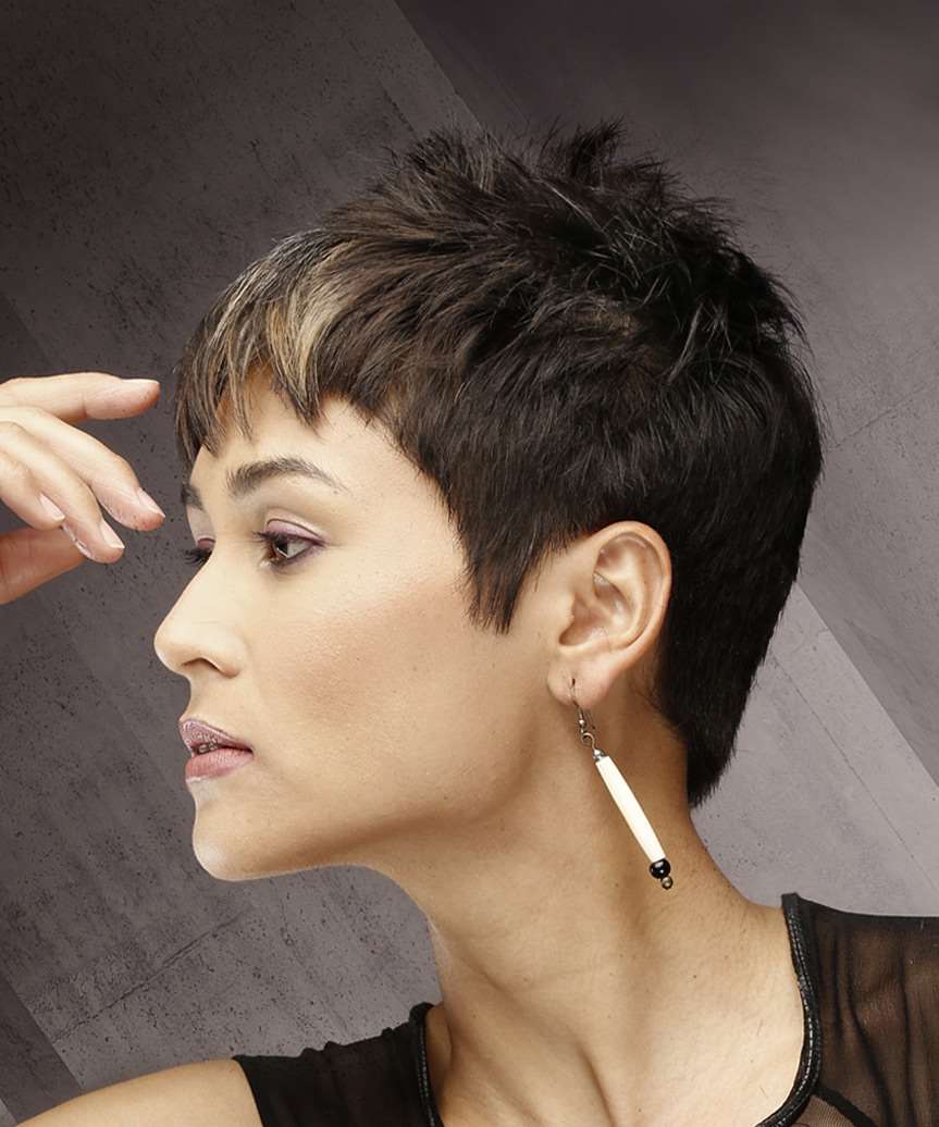 dark brunette pixie cut with razor cut bangs and blonde