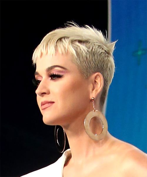 Katy Perry Blonde Pixie Haircut with Blunt Cut Bangs