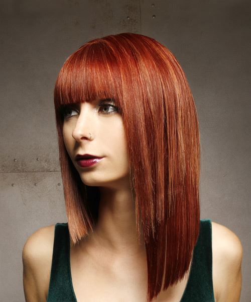 Medium Straight Red Asymmetrical Hairstyle With Blunt Cut Bangs
