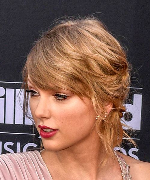 Taylor Swift Medium Wavy    Blonde  Updo  with Side Swept Bangs  - Side View