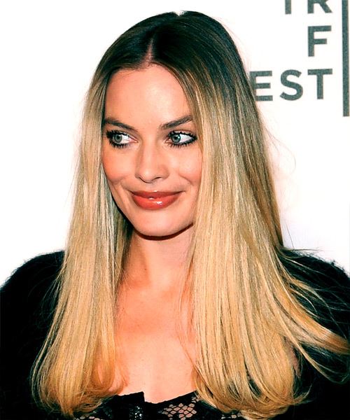 Margot Robbie Long Straight Dark Brunette And Blonde Two Tone Hairstyle With Side Swept Bangs