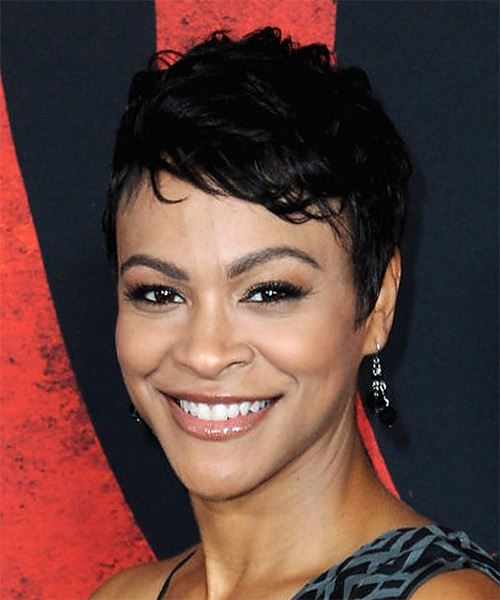 Carly Hughes Black  Pixie  with Side Swept Bangs - side view
