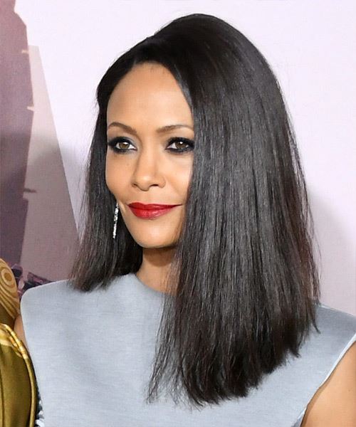 Thandie Newton Long Straight   Black  Asymmetrical  with Side Swept Bangs - side view