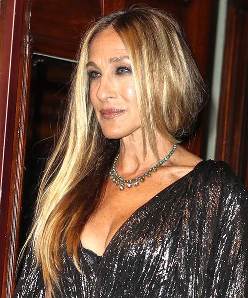 Sarah Jessica Parker Long Straight    Brunette     with Light Blonde Highlights - side view