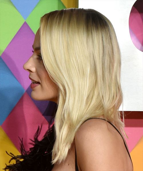 Margot Robbie Long Straight Layered  Light Blonde Bob  Haircut with Side Swept Bangs  - Side View