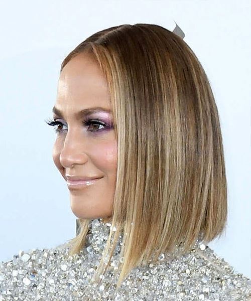 Jennifer Lopez Medium Straight    Brunette Bob  Haircut   with  Blonde Highlights - Side View
