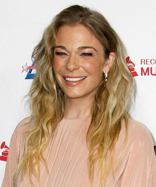 Leann Rimes Long Wavy   Light Brunette   with Side Swept Bangs  and  Blonde Highlights - side view
