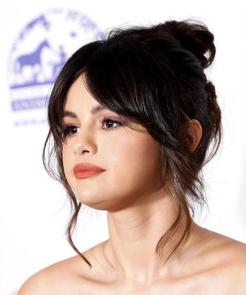 Selena Gomez Medium Wavy   Black   Updo with Layered Bangs - side view