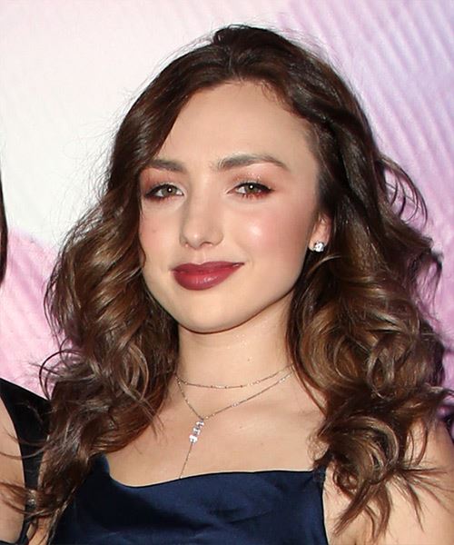Peyton List Long Curly   Dark Copper Brunette   Hairstyle with Side Swept Bangs  - Side View