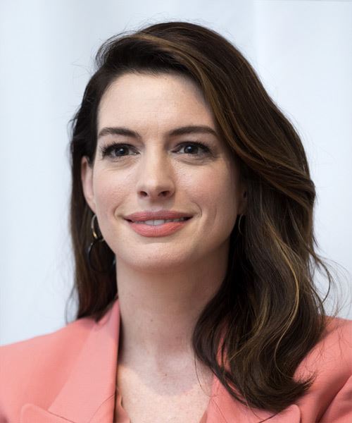 Anne Hathaway Long Straight   Dark Brunette   with Side Swept Bangs  and Light Brunette Highlights - side view
