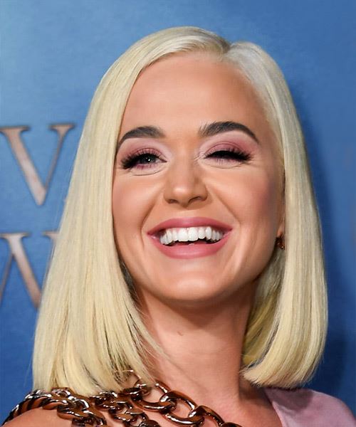 Katy Perry Medium Straight   Light Blonde Bob  Haircut with Side Swept Bangs  - Side View