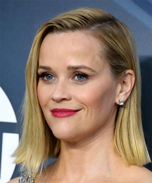 Reese Witherspoon Medium Straight   Light Blonde Bob  Haircut with Side Swept Bangs  - Side View