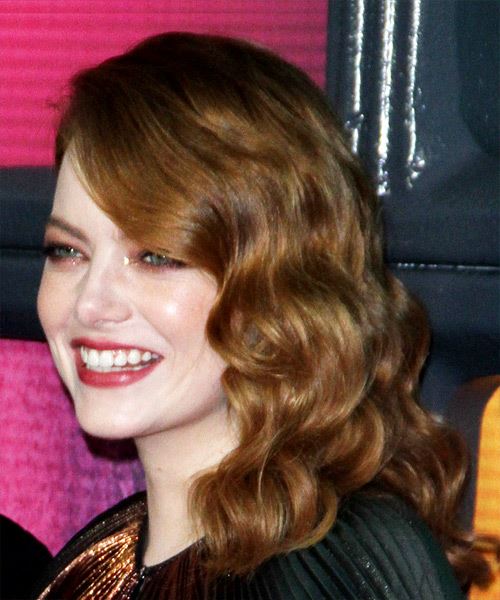 Emma Stone Long Wavy    Red   Hairstyle with Side Swept Bangs  - Side View