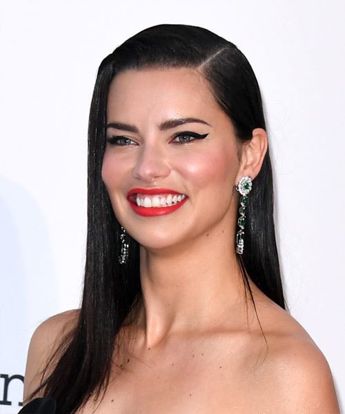 Adriana Lima Long Straight   Black  Asymmetrical  Hairstyle with Side Swept Bangs  - Side View