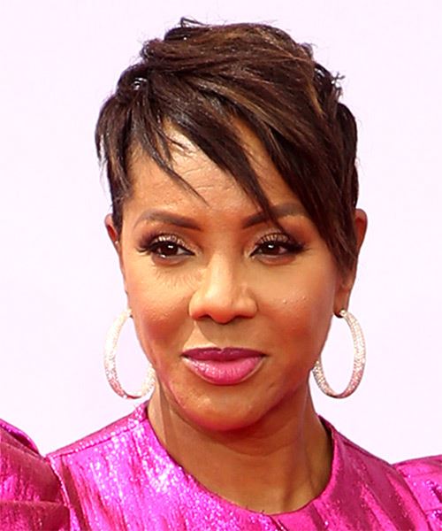 MC Lyte Dark Copper Brunette Pixie  with Side Swept Bangs - side view