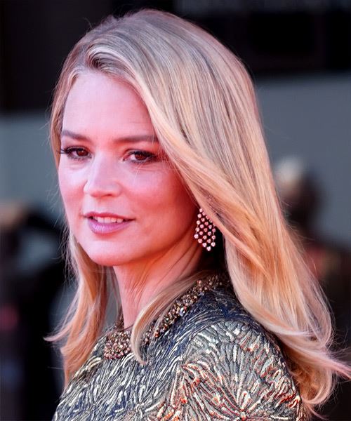 Virginie Efira Long Straight Layered  Light Blonde Bob  Haircut with Side Swept Bangs  - Side View