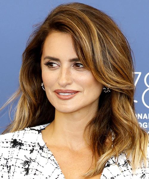 Penelope Cruz Long Wavy Layered   Brunette Bob  with Side Swept Bangs  and  Blonde Highlights - side view
