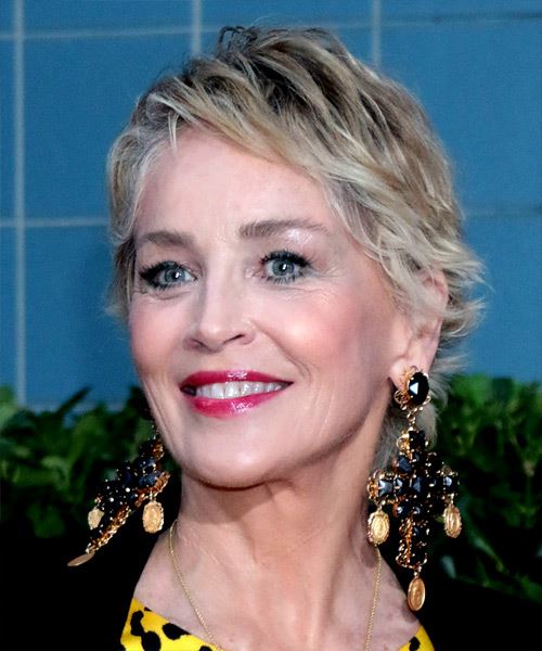 Sharon Stone Short Wavy    Grey Bob  Haircut with Side Swept Bangs  and  Blonde Highlights - Side View