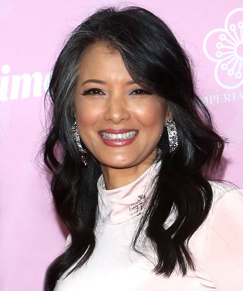 Kelly Hu Long Wavy   Black Platinum    with Side Swept Bangs - side view