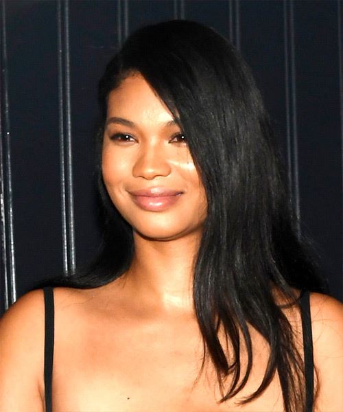 Chanel Iman Long Straight   Black    with Side Swept Bangs - side view