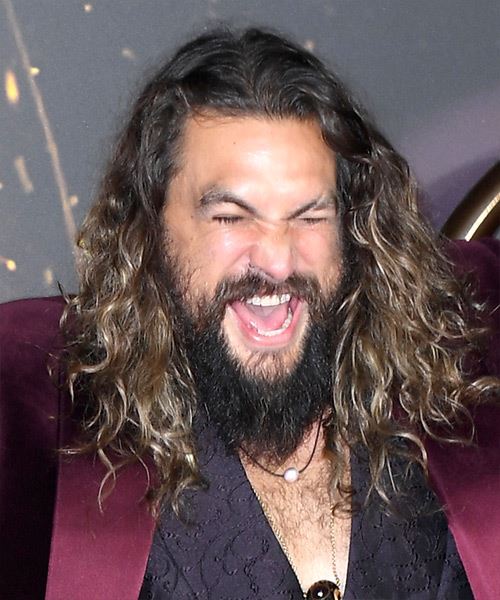 Jason Momoa Long Curly   Black      with Light Brunette Highlights - side view