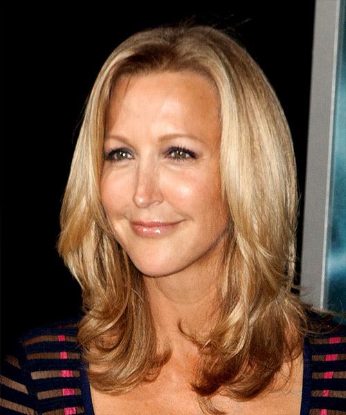 Lara Spencer Long Straight Layered  Light Brunette Bob    with  Blonde Highlights - side view
