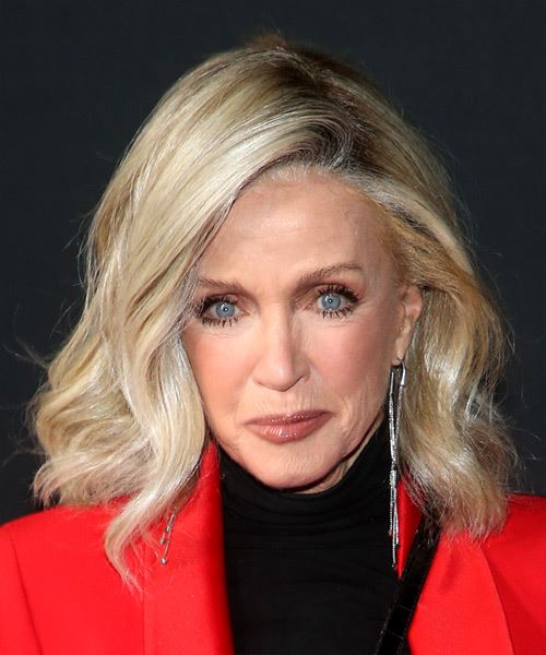 Donna Mills Medium Wavy Layered  Light Grey Bob  Haircut with Side Swept Bangs  and Light Blonde Highlights - Side View
