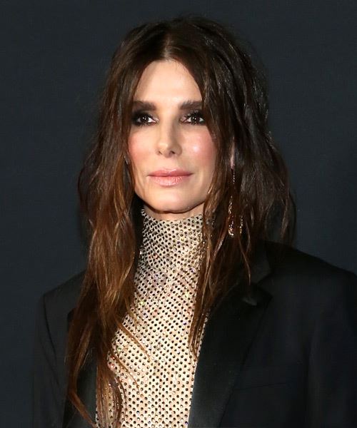 Sandra Bullock Long Wavy   Dark Brunette   Hairstyle with Layered Bangs  and  Brunette Highlights - Side View