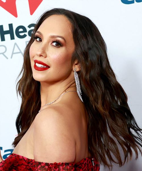 Cheryl Burke Long Wavy   Dark Brunette   Hairstyle with Layered Bangs  and Light Brunette Highlights - Side View