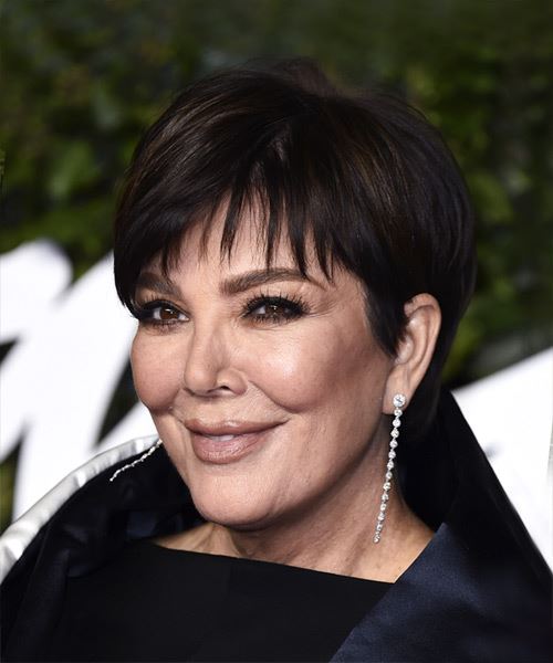 Kris Jenner Layered  Black  Pixie    with Light Brunette Highlights - side view