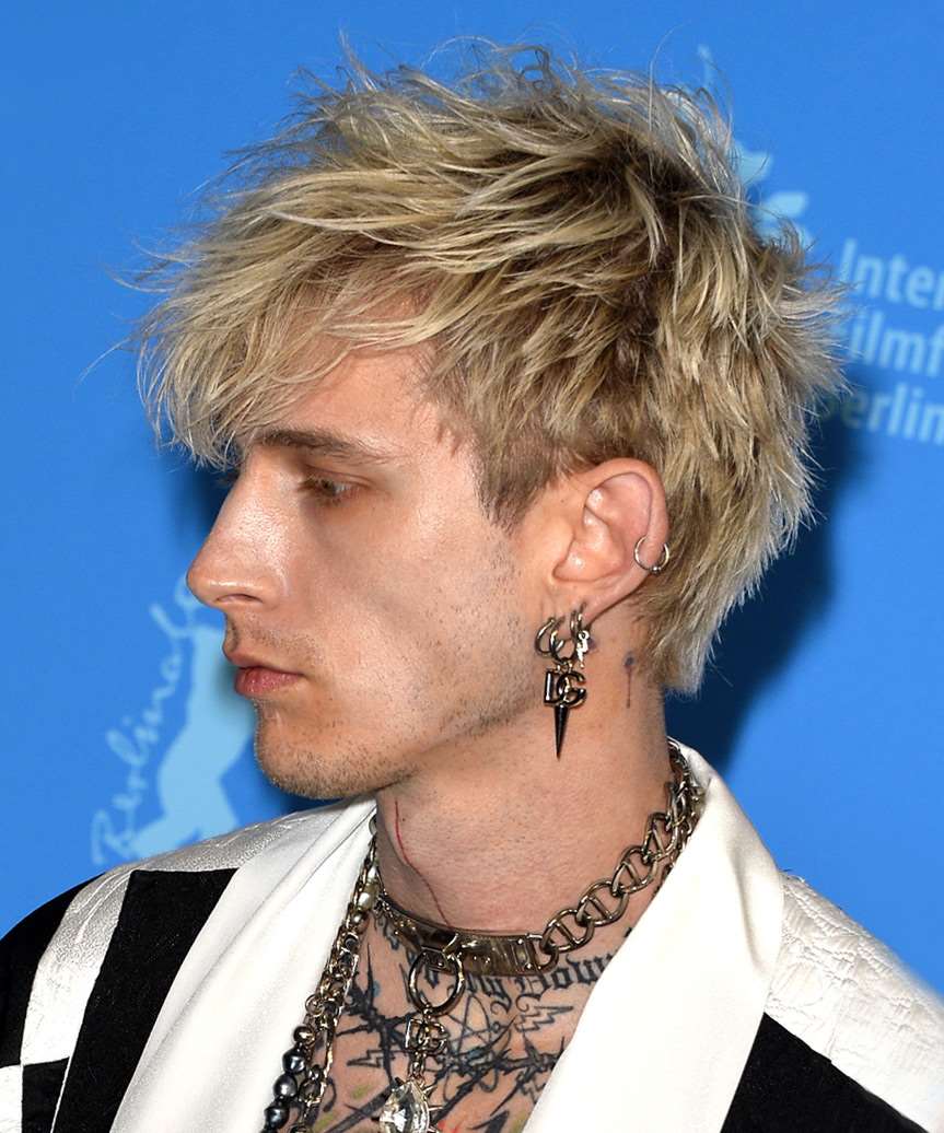 Machine Gun Kelly Short Wavy    Blonde   Hairstyle with Layered Bangs - side view