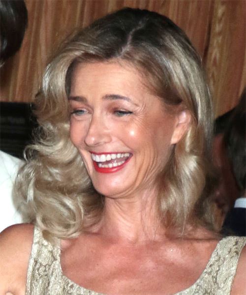 Paulina Porizkova Long Curly    Grey   with Side Swept Bangs  and Light Grey Highlights - side view