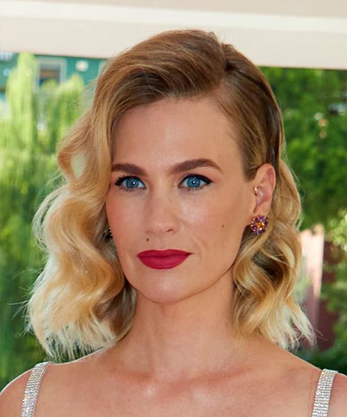 January Jones Medium Wavy Layered   Blonde Bob  with Side Swept Bangs  and Light Blonde Highlights - side view
