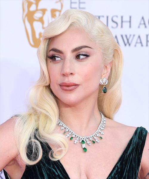 Lady GaGa Long Wavy   White   with Side Swept Bangs - side view