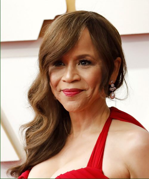 Rosie Perez Long Wavy    Brunette   with Side Swept Bangs  and Light Brunette Highlights - side view